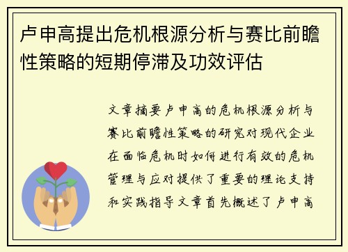卢申高提出危机根源分析与赛比前瞻性策略的短期停滞及功效评估