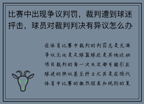 比赛中出现争议判罚，裁判遭到球迷抨击，球员对裁判判决有异议怎么办