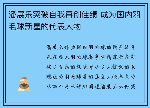 潘展乐突破自我再创佳绩 成为国内羽毛球新星的代表人物