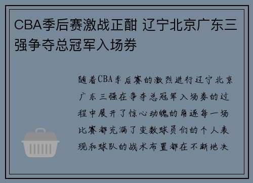 CBA季后赛激战正酣 辽宁北京广东三强争夺总冠军入场券