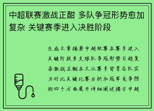 中超联赛激战正酣 多队争冠形势愈加复杂 关键赛季进入决胜阶段