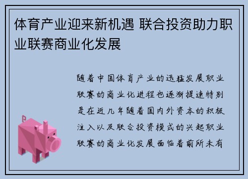 体育产业迎来新机遇 联合投资助力职业联赛商业化发展