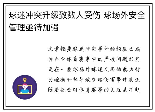 球迷冲突升级致数人受伤 球场外安全管理亟待加强
