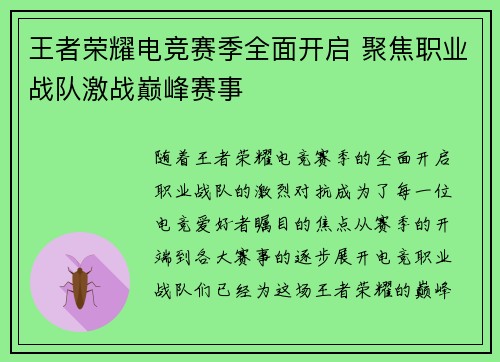 王者荣耀电竞赛季全面开启 聚焦职业战队激战巅峰赛事